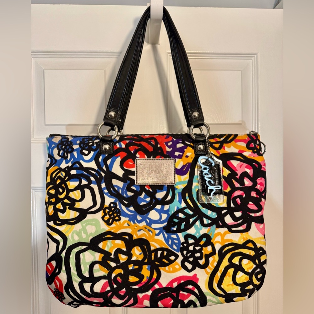 Coach Multicolor Floral Tote with Black Handles and Silver Tag